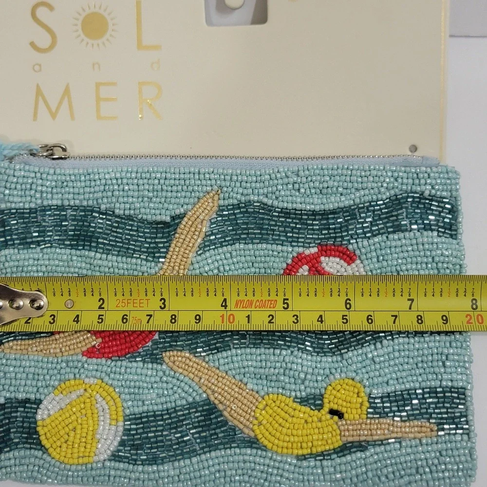 Sol and Mer Beaded Wristlet Clutch Blue Swimmers Beach Ball Handmade India NWT